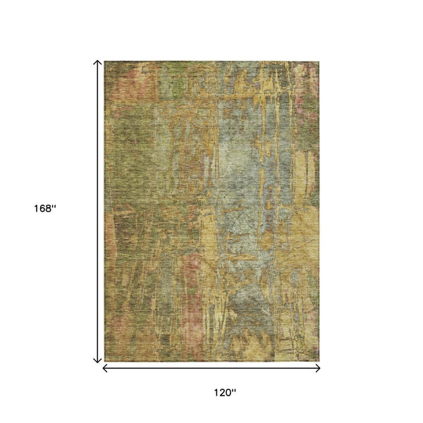 HomeRoots 10' Stylish Artichoke Green & Gold Abstract Washable Area Rug for Indoor/Outdoor Spaces, Durable & Chic 639736
