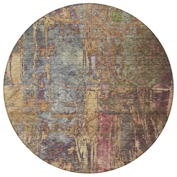 HomeRoots 8' Round Abstract Area Rug in Brown & Blush – Washable, Stain-Resistant for Indoor & Outdoor Use 639739