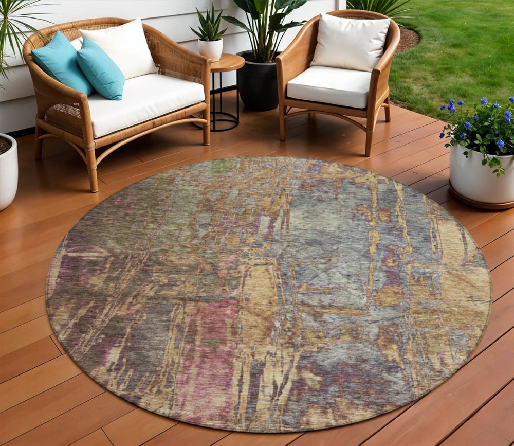 HomeRoots 8' Round Abstract Area Rug in Brown & Blush – Washable, Stain-Resistant for Indoor & Outdoor Use 639739
