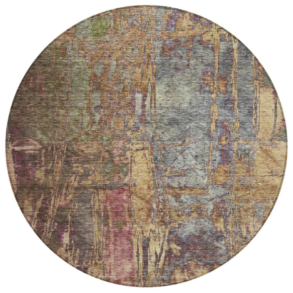 HomeRoots 8' Round Abstract Area Rug in Brown & Blush – Washable, Stain-Resistant for Indoor & Outdoor Use 639739