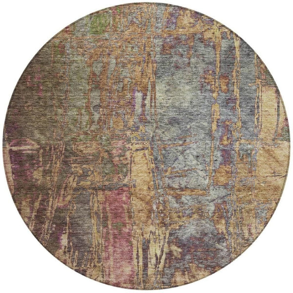 HomeRoots 8' Round Abstract Area Rug in Brown & Blush – Washable, Stain-Resistant for Indoor & Outdoor Use 639739