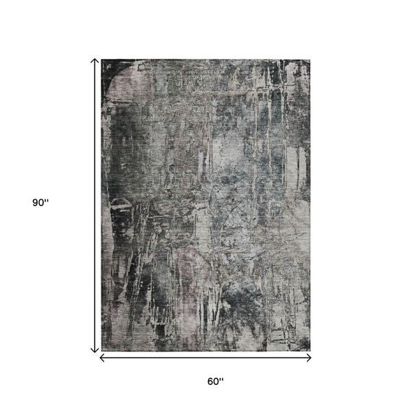 HomeRoots 5' Modern Gray & Silver Abstract Washable Area Rug - Durable, Stylish, Indoor/Outdoor Decor Solution 639744