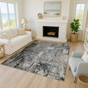 HomeRoots 5' Modern Gray & Silver Abstract Washable Area Rug - Durable, Stylish, Indoor/Outdoor Decor Solution 639744