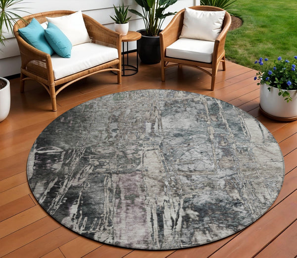 HomeRoots 8' Gray and Silver Round Abstract Rug - Stylish, Washable, Durable for Indoor or Outdoor Spaces! 639745