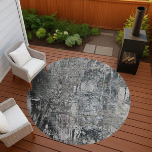 HomeRoots 8' Gray and Silver Round Abstract Rug - Stylish, Washable, Durable for Indoor or Outdoor Spaces! 639745