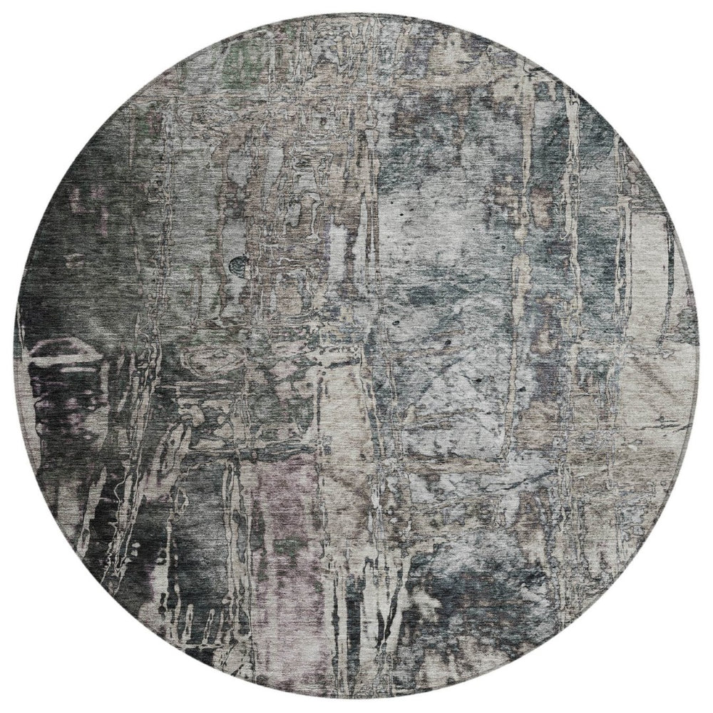 HomeRoots 8' Gray and Silver Round Abstract Rug - Stylish, Washable, Durable for Indoor or Outdoor Spaces! 639745
