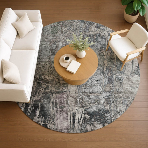 HomeRoots 8' Gray and Silver Round Abstract Rug - Stylish, Washable, Durable for Indoor or Outdoor Spaces! 639745