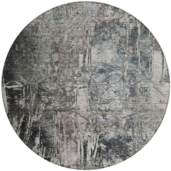 HomeRoots 8' Gray and Silver Round Abstract Rug - Stylish, Washable, Durable for Indoor or Outdoor Spaces! 639745