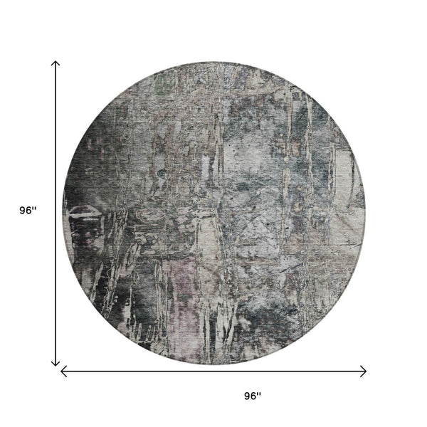 HomeRoots 8' Gray and Silver Round Abstract Rug - Stylish, Washable, Durable for Indoor or Outdoor Spaces! 639745
