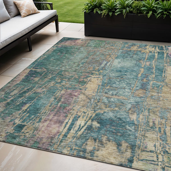 HomeRoots 5' Teal Blue and Gold Abstract Area Rug - Washable, Stain-Resistant, Perfect for Indoor/Outdoor Use! 639750