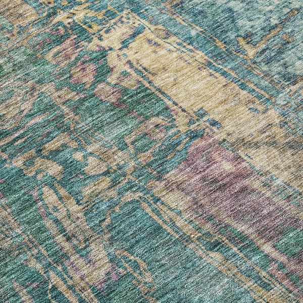 HomeRoots 5' Teal Blue and Gold Abstract Area Rug - Washable, Stain-Resistant, Perfect for Indoor/Outdoor Use! 639750