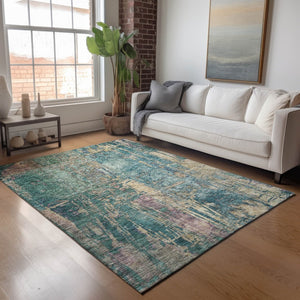 HomeRoots 5' Teal Blue and Gold Abstract Area Rug - Washable, Stain-Resistant, Perfect for Indoor/Outdoor Use! 639750
