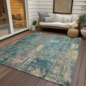 HomeRoots 5' Teal Blue and Gold Abstract Area Rug - Washable, Stain-Resistant, Perfect for Indoor/Outdoor Use! 639750
