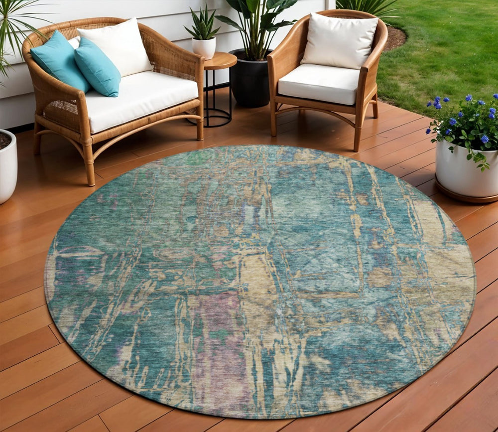 HomeRoots 8' Teal Blue and Gold Round Abstract Area Rug – Washable, Stylish, Indoor/Outdoor Decor for Any Space 639751