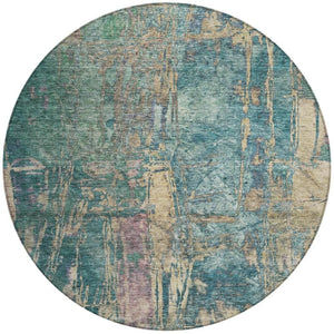 HomeRoots 8' Teal Blue and Gold Round Abstract Area Rug – Washable, Stylish, Indoor/Outdoor Decor for Any Space 639751