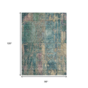 HomeRoots 8' Teal Blue and Gold Abstract Area Rug – Durable, Washable, Indoor/Outdoor Design for Any Space 639752