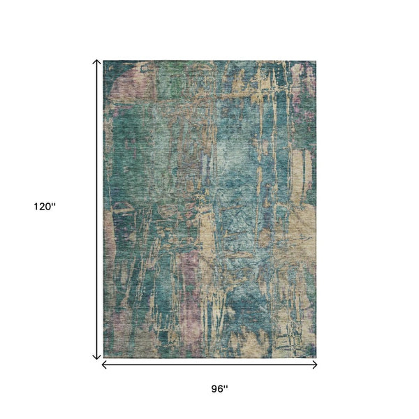 HomeRoots 8' Teal Blue and Gold Abstract Area Rug – Durable, Washable, Indoor/Outdoor Design for Any Space 639752