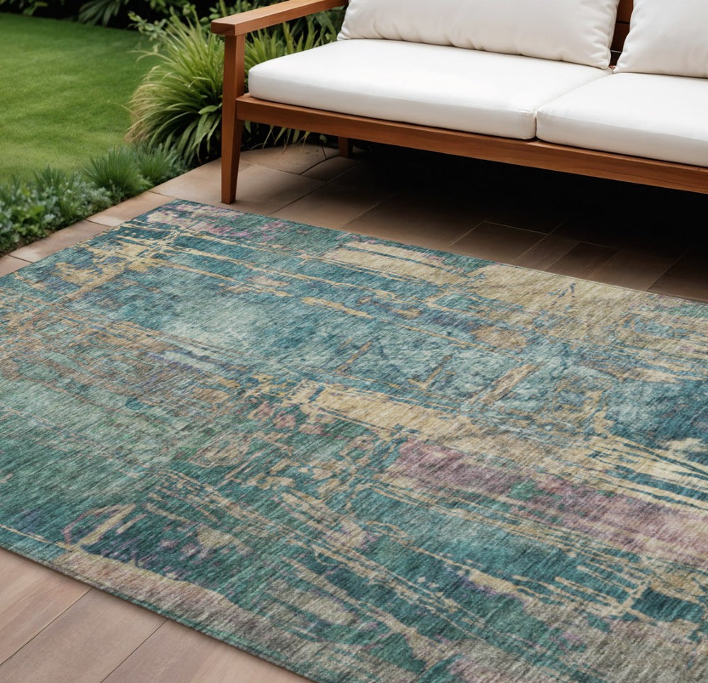 HomeRoots 8' Teal Blue and Gold Abstract Area Rug – Durable, Washable, Indoor/Outdoor Design for Any Space 639752