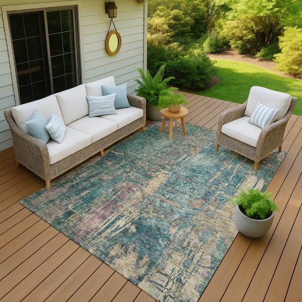 HomeRoots 8' Teal Blue and Gold Abstract Area Rug – Durable, Washable, Indoor/Outdoor Design for Any Space 639752