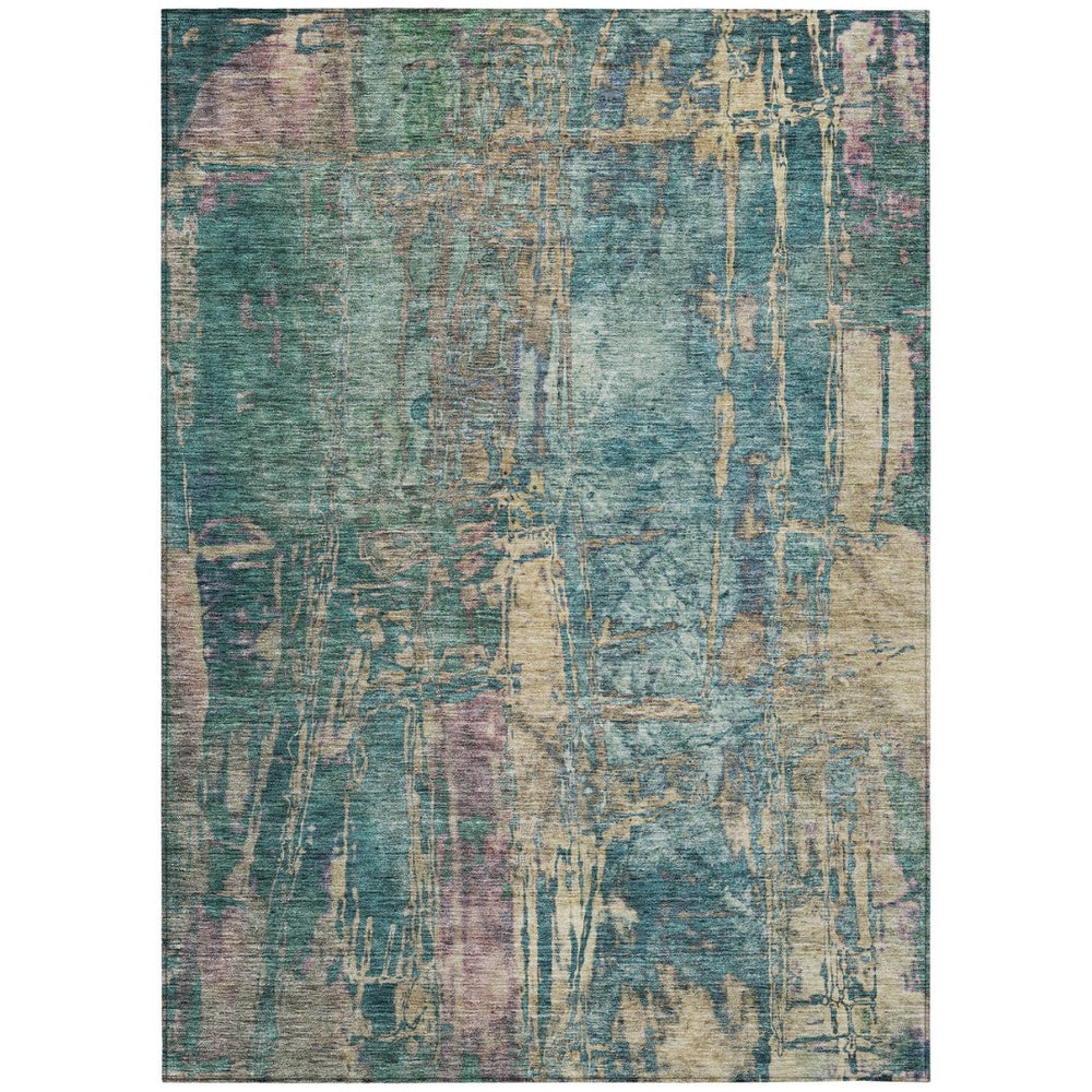 HomeRoots 8' Teal Blue and Gold Abstract Area Rug – Durable, Washable, Indoor/Outdoor Design for Any Space 639752