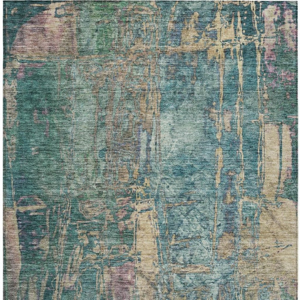 HomeRoots 8' Teal Blue and Gold Abstract Area Rug – Durable, Washable, Indoor/Outdoor Design for Any Space 639752