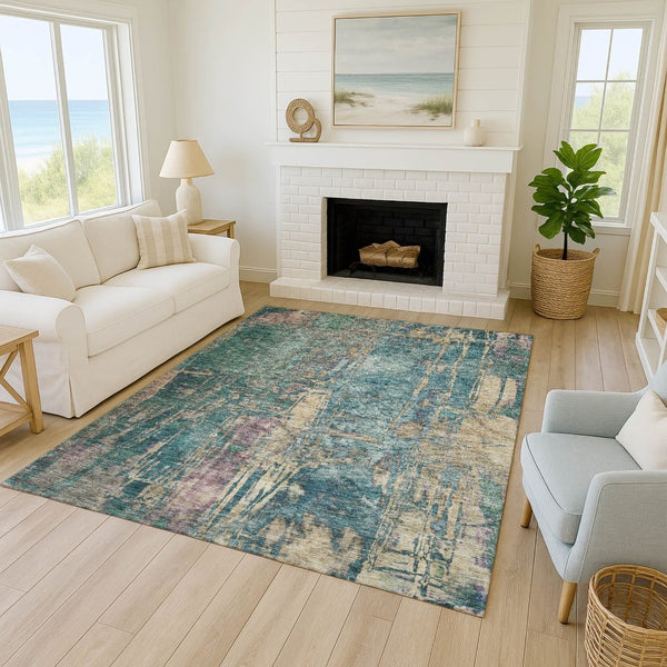 HomeRoots 8' Teal Blue and Gold Abstract Area Rug – Durable, Washable, Indoor/Outdoor Design for Any Space 639752