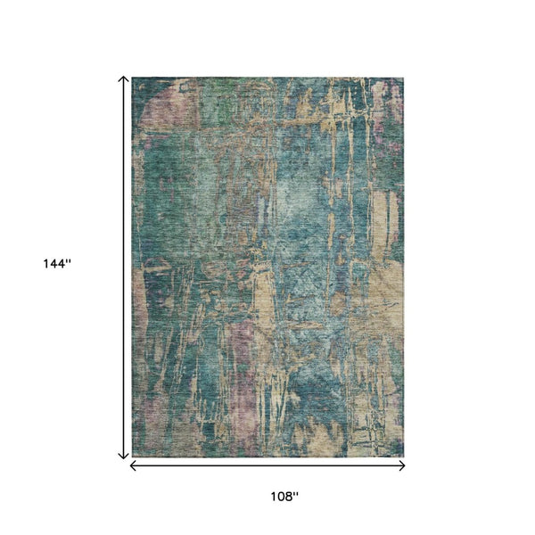 HomeRoots 9' X 12' Teal Blue and Gold Abstract Area Rug - Stylish, Washable, Durable for Indoor & Outdoor Spaces 639753