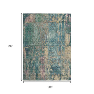 HomeRoots 10' Teal Blue and Gold Abstract Area Rug - Stylish, Washable Design for Indoor & Outdoor Spaces! 639754