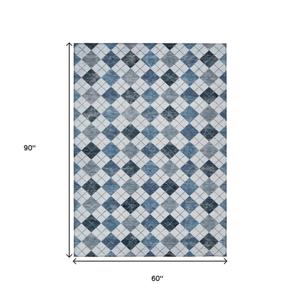 HomeRoots 5' Blue and Ivory Geometric Area Rug - Washable, Durable, Stylish for Indoor and Outdoor Spaces 639762