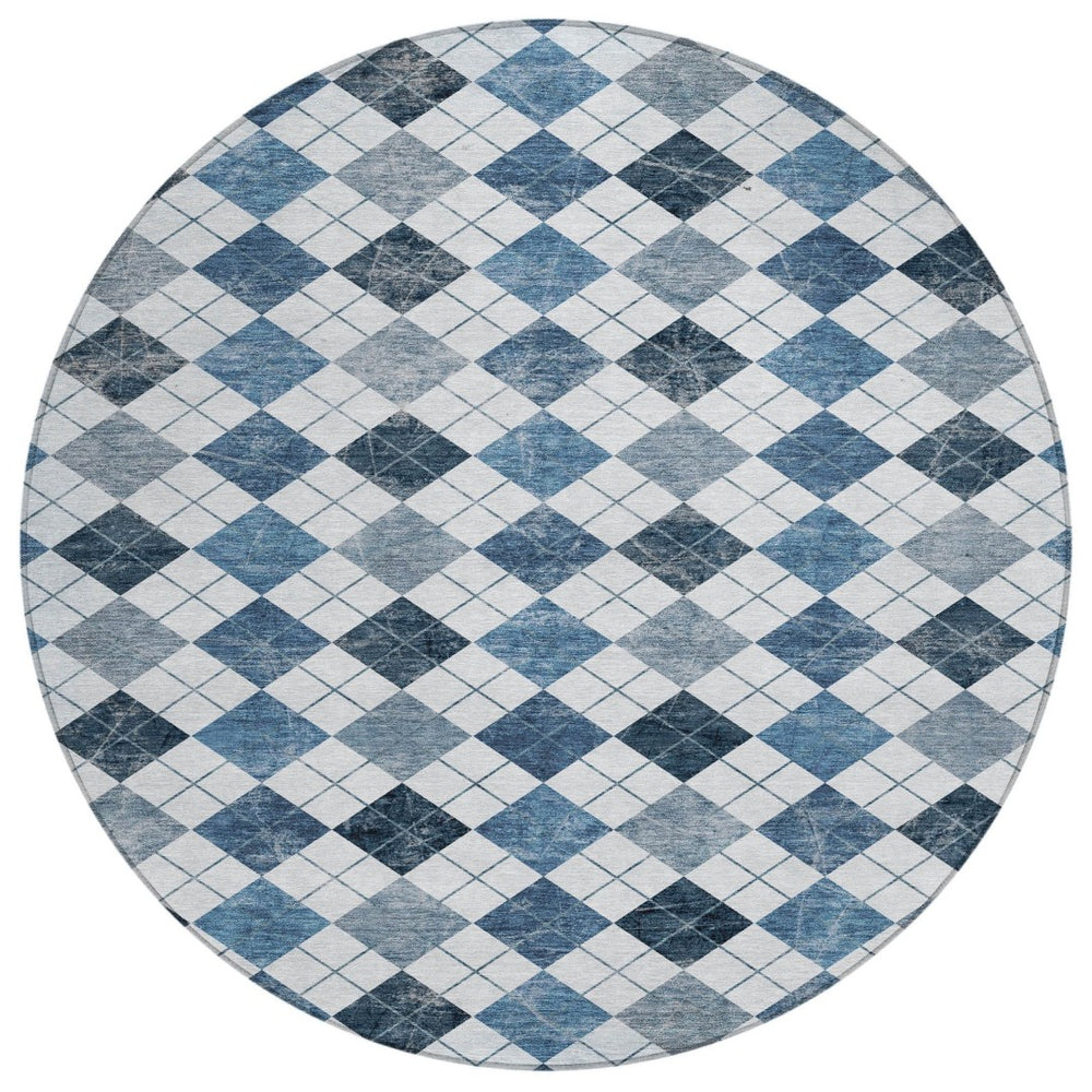 HomeRoots 8' Blue and Ivory Round Geometric Area Rug - Durable, Washable, Perfect for Indoor and Outdoor Use! 639763