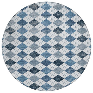 HomeRoots 8' Blue and Ivory Round Geometric Area Rug - Durable, Washable, Perfect for Indoor and Outdoor Use! 639763