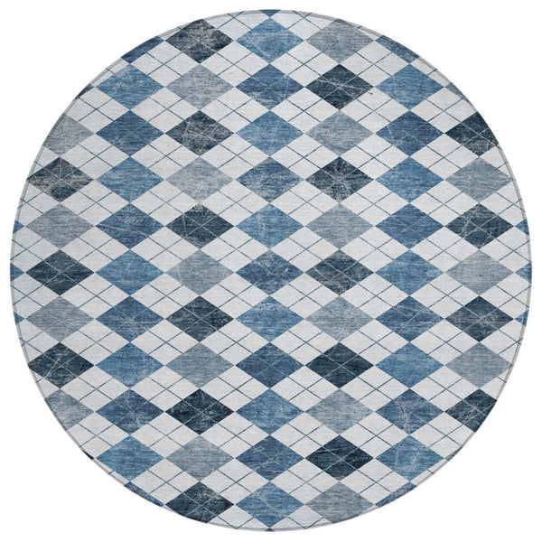 HomeRoots 8' Blue and Ivory Round Geometric Area Rug - Durable, Washable, Perfect for Indoor and Outdoor Use! 639763