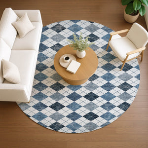 HomeRoots 8' Blue and Ivory Round Geometric Area Rug - Durable, Washable, Perfect for Indoor and Outdoor Use! 639763