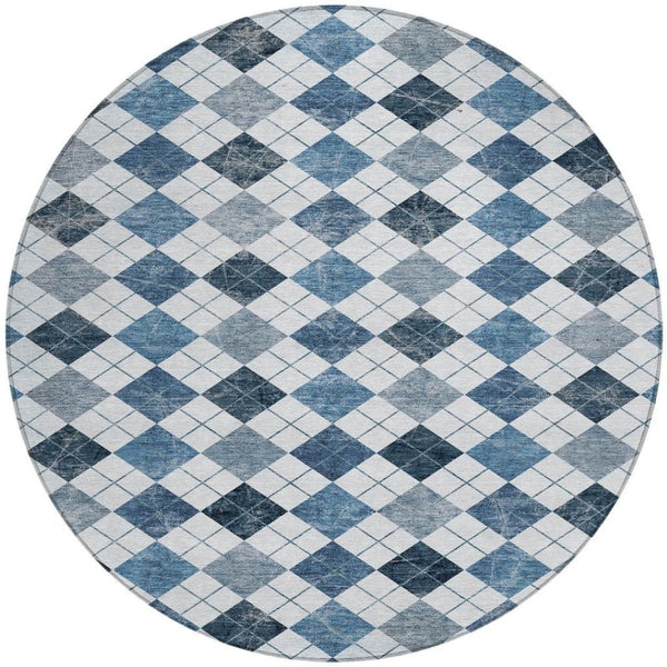HomeRoots 8' Blue and Ivory Round Geometric Area Rug - Durable, Washable, Perfect for Indoor and Outdoor Use! 639763