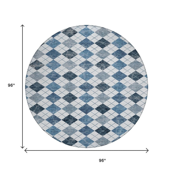 HomeRoots 8' Blue and Ivory Round Geometric Area Rug - Durable, Washable, Perfect for Indoor and Outdoor Use! 639763