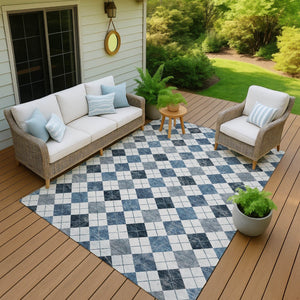 HomeRoots 8' X 10' Blue and Ivory Geometric Area Rug - Stylish, Washable, Durable for Indoor & Outdoor Use 639764