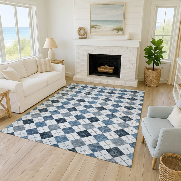 HomeRoots 8' X 10' Blue and Ivory Geometric Area Rug - Stylish, Washable, Durable for Indoor & Outdoor Use 639764