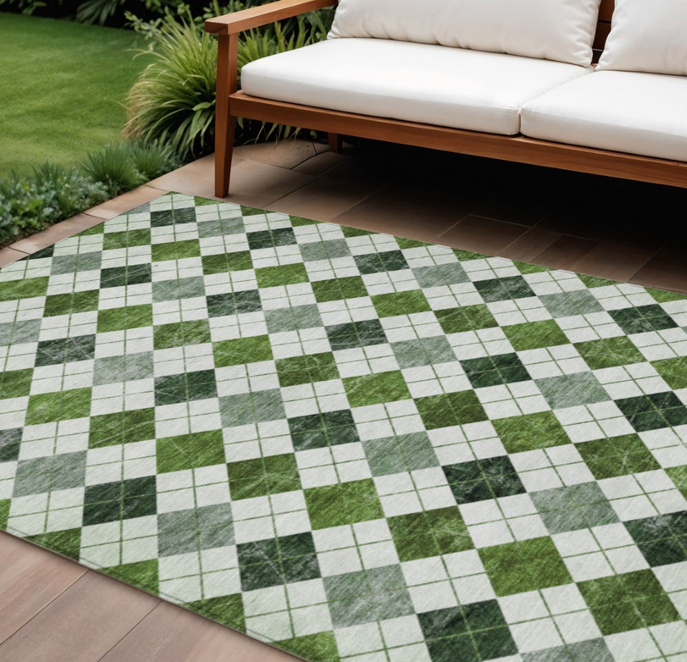 HomeRoots 10' Olive Green & Ivory Geometric Area Rug – Stylish, Washable, Durable for Indoor/Outdoor Use! 639778