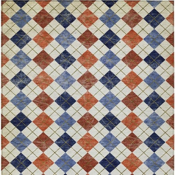 HomeRoots 5' Stylish Orange, Blue, and Ivory Geometric Washable Area Rug for Indoor & Outdoor Use – Durable! 639780