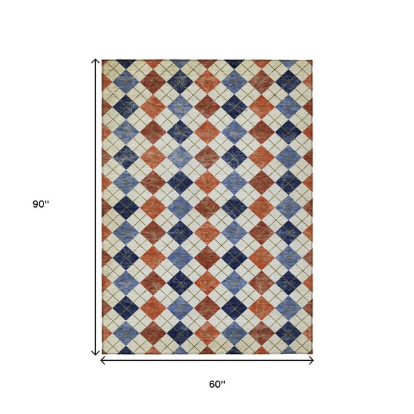 HomeRoots 5' Stylish Orange, Blue, and Ivory Geometric Washable Area Rug for Indoor & Outdoor Use – Durable! 639780