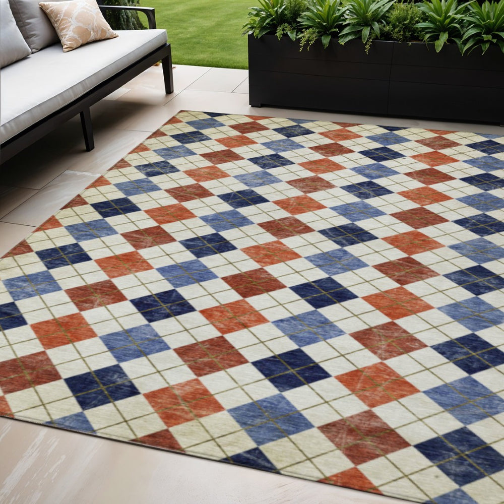 HomeRoots 5' Stylish Orange, Blue, and Ivory Geometric Washable Area Rug for Indoor & Outdoor Use – Durable! 639780