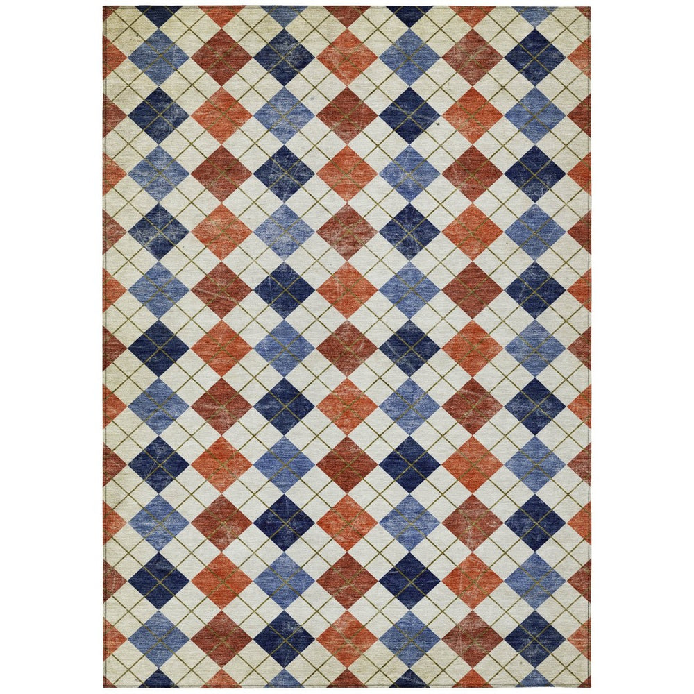 HomeRoots 5' Stylish Orange, Blue, and Ivory Geometric Washable Area Rug for Indoor & Outdoor Use – Durable! 639780