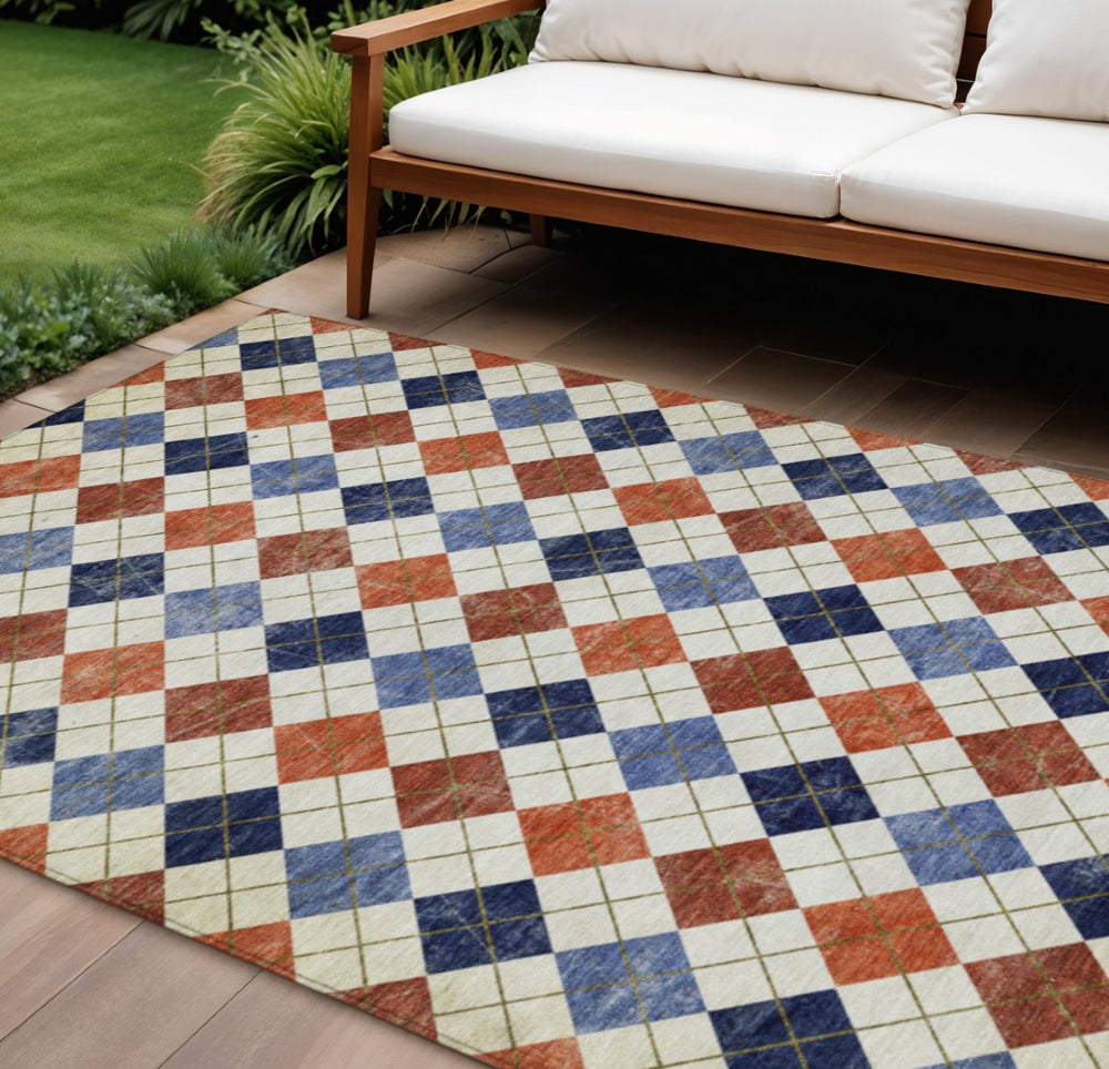 HomeRoots 9' Vibrant Orange, Blue & Ivory Geometric Washable Area Rug for Indoor & Outdoor Spaces, Durable Design 639783