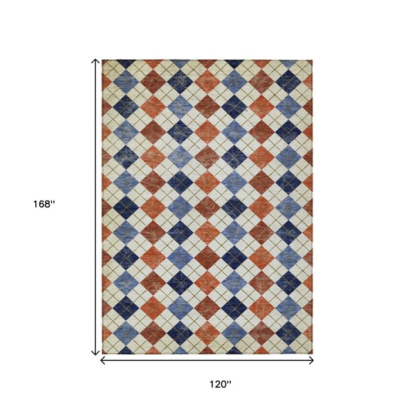 HomeRoots 10' Geometric Area Rug in Vibrant Orange, Blue & Ivory - Washable, Indoor/Outdoor, Durable Design! 639784