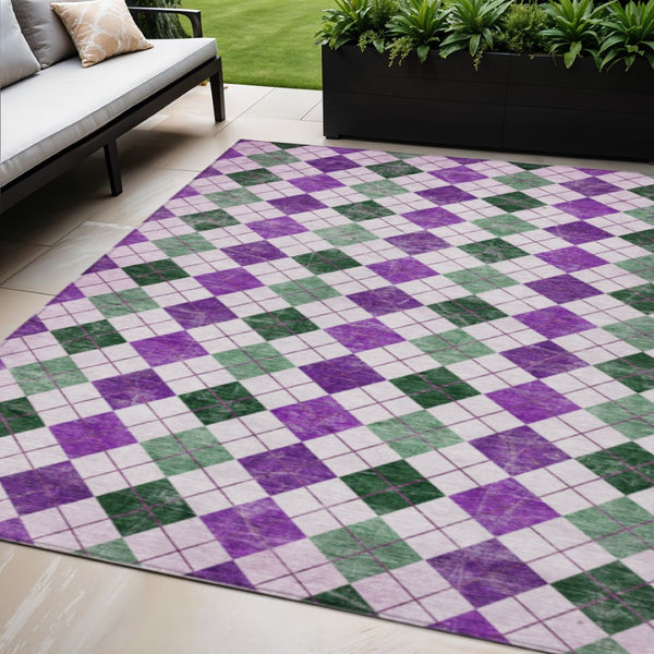 HomeRoots 5' Stylish Purple Green Ivory Geometric Area Rug - Versatile Washable Indoor/Outdoor Design for All Spaces 639792