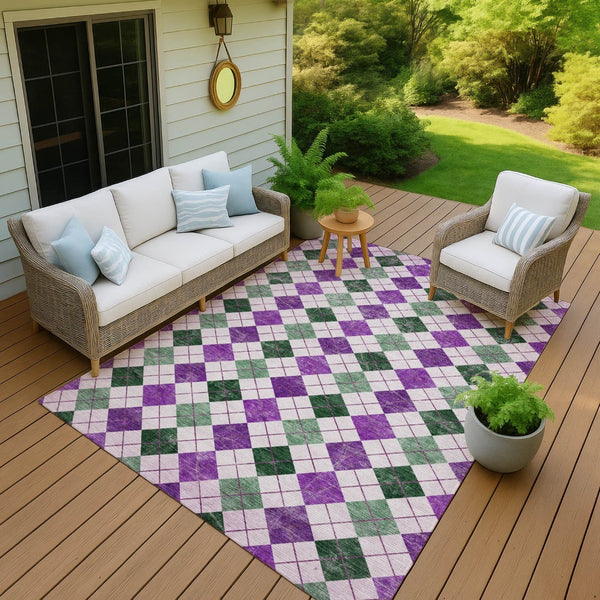 HomeRoots 5' Stylish Purple Green Ivory Geometric Area Rug - Versatile Washable Indoor/Outdoor Design for All Spaces 639792