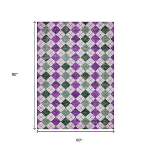 HomeRoots 5' Stylish Purple Green Ivory Geometric Area Rug - Versatile Washable Indoor/Outdoor Design for All Spaces 639792