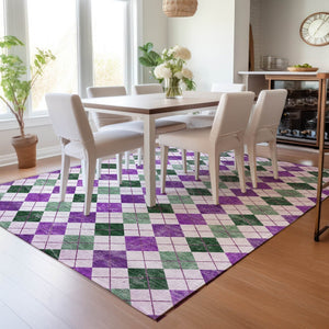 HomeRoots 5' Stylish Purple Green Ivory Geometric Area Rug - Versatile Washable Indoor/Outdoor Design for All Spaces 639792