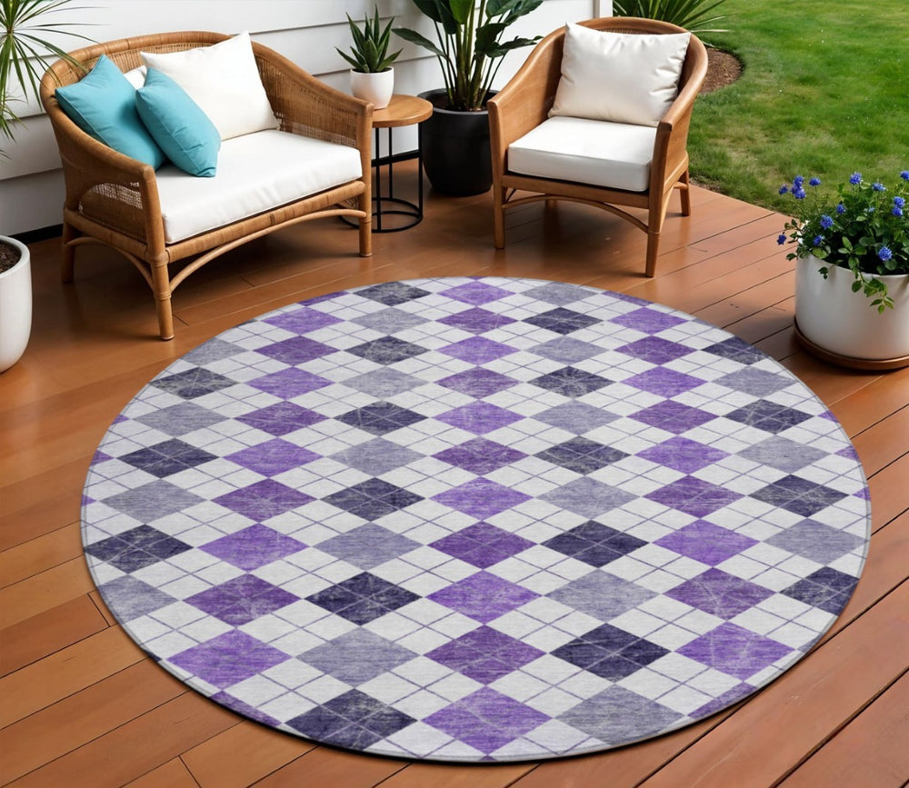 HomeRoots 8' Modern Round Geometric Rug in Purple, Green & Ivory – Washable, Stain-Resistant for Indoor/Outdoor Use 639793