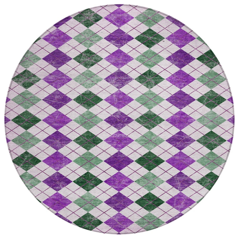 HomeRoots 8' Modern Round Geometric Rug in Purple, Green & Ivory – Washable, Stain-Resistant for Indoor/Outdoor Use 639793